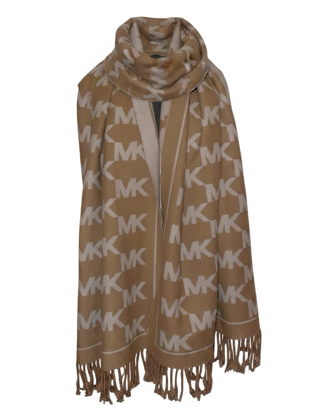 MICHAEL KORS Wrap Scarf Signature “MK” Logo Scarf Beige Camel Tan 
75”x 26”